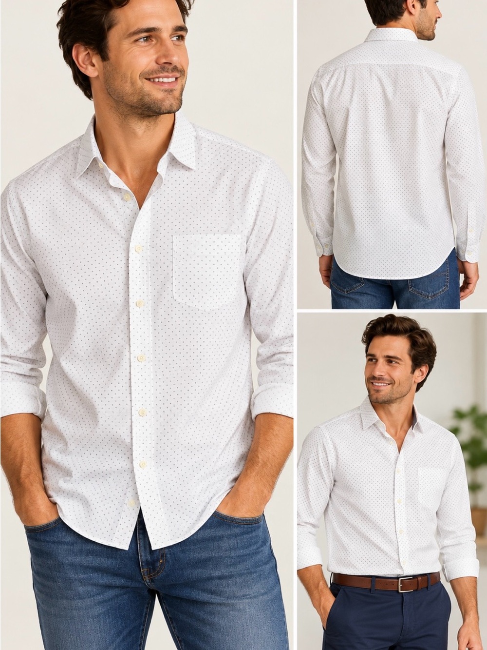 Old Navy Men’s Large Everyday Shirt White Gray Micro Dot Regular Fit Stretch